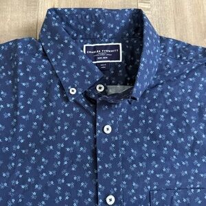 Charles Tyrwhitt Non-Iron Short Sleeve Button Down Slim Fit M Large Blue Floral